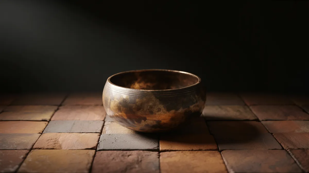 Earth bowl (Kun, 64 Hz) — a warm patinated bronze-clay bowl on ochre stone tile.
