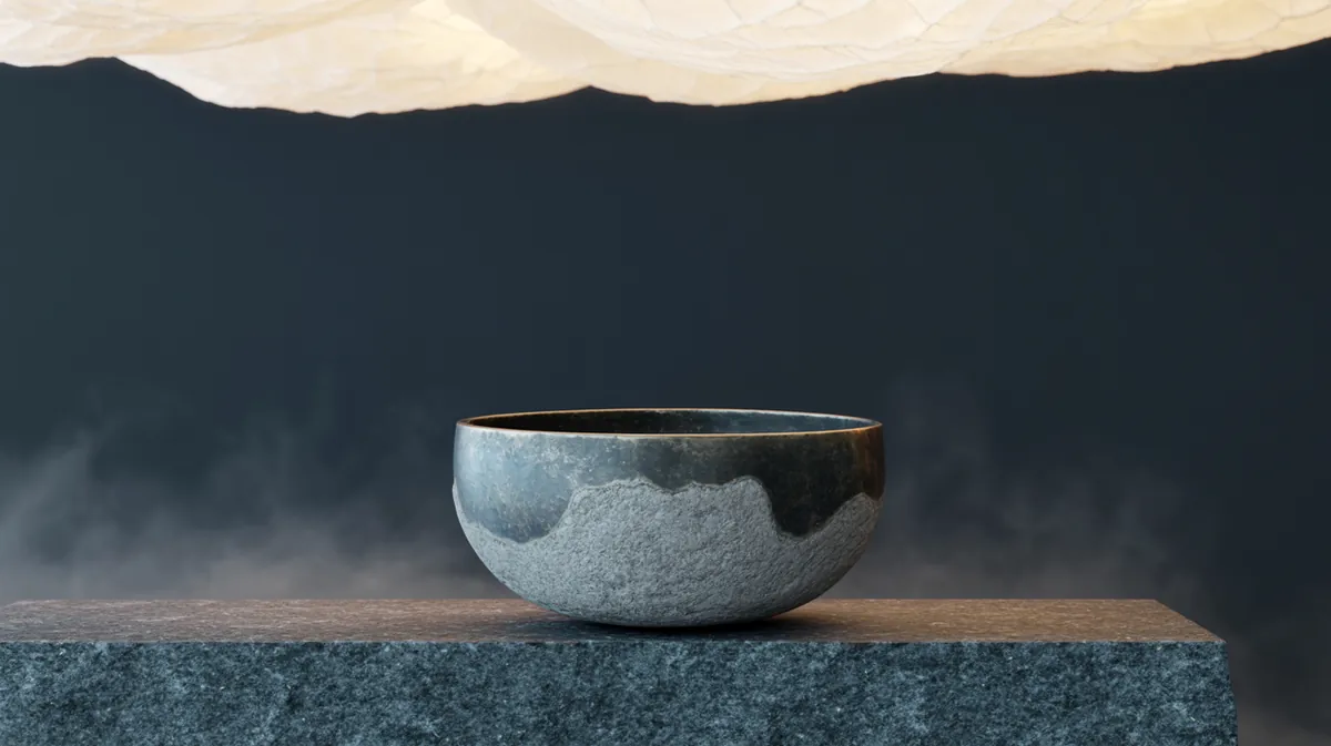 Mountain bowl (Gen, 128 Hz) — a stone-bodied bowl on granite, cool morning fog.
