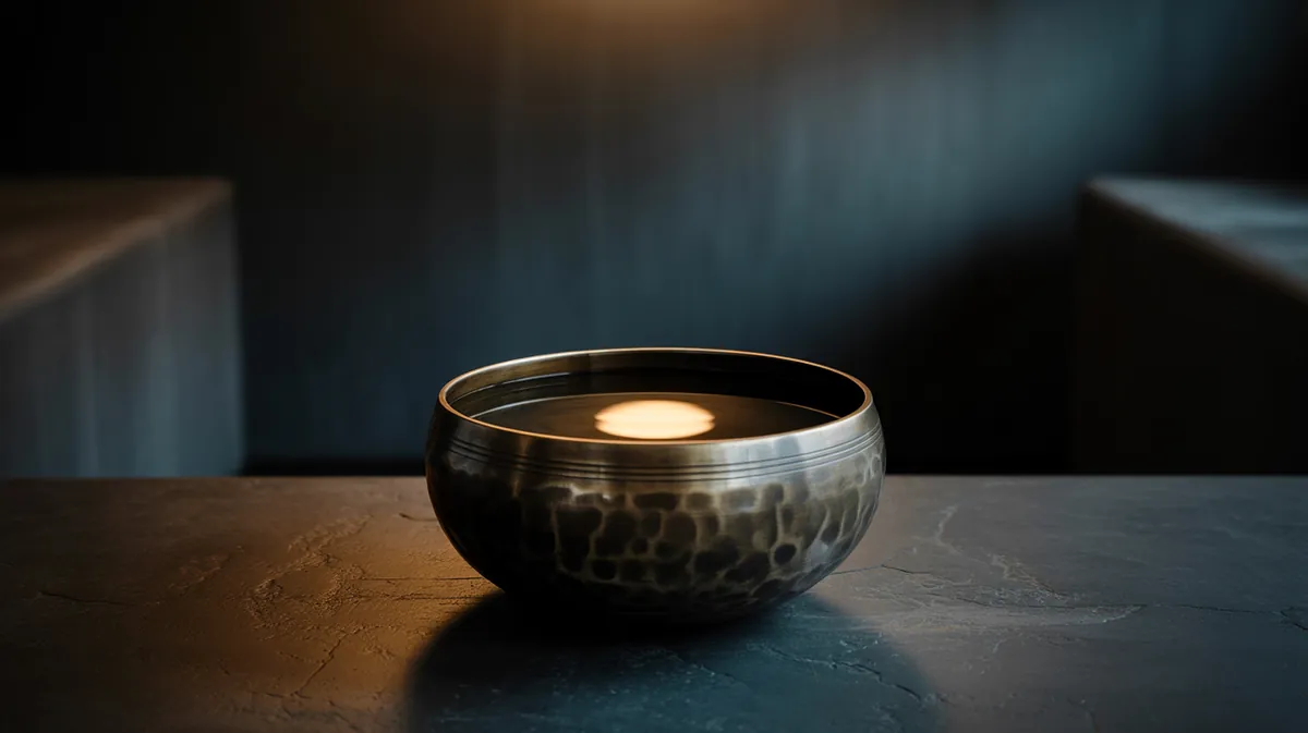 Water bowl (Kan, 256 Hz) — a dark bronze bowl with still water reflecting a single overhead light.