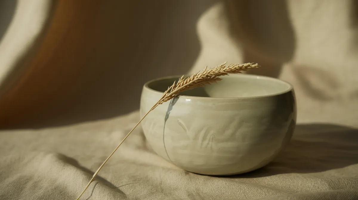 Wind bowl (Xun, 384 Hz) — a pale celadon ceramic bowl on linen, dried grass leaning against it.