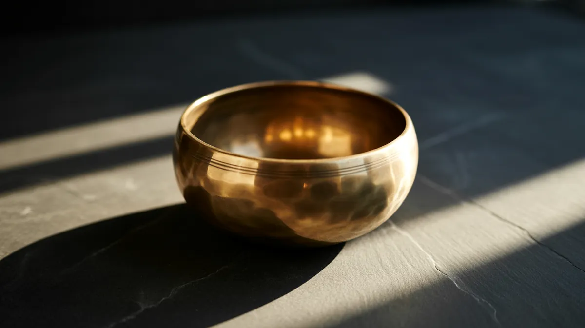 Thunder bowl (Zhen, 432 Hz) — a burnished gold-bronze bowl on slate with a sharp diagonal light strike.