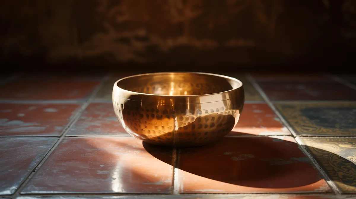 Fire bowl (Li, 528 Hz) — a copper bowl on terracotta tile with warm diagonal light.