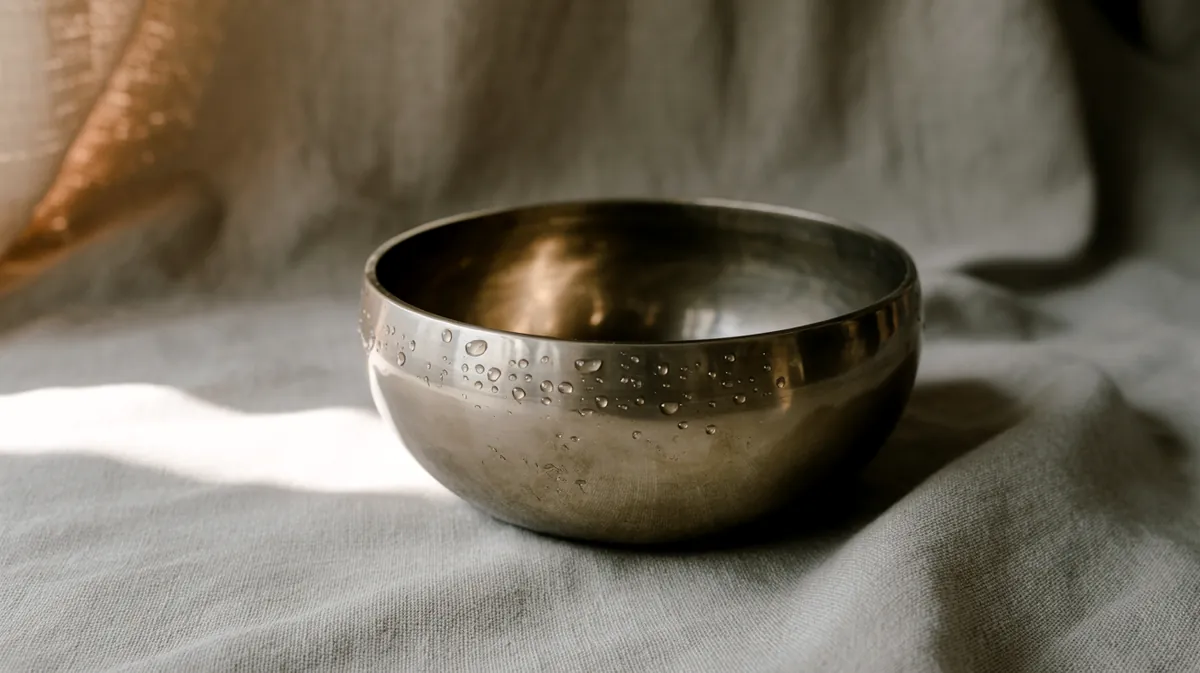 Lake bowl (Dui, 639 Hz) — a silver-finish bowl with water droplets on its surface, resting on pale linen.