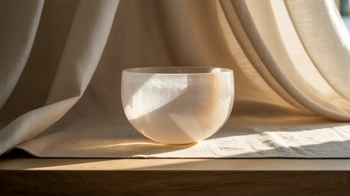 Heaven bowl (Qian, 963 Hz) — a luminous quartz crystal bowl with a brass rim in high-key morning light.