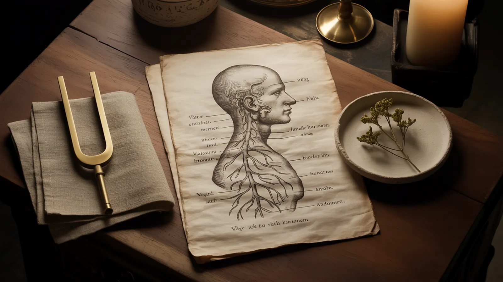 An 18th-century-style anatomical illustration of the vagus nerve on aged rice paper, beside a brass tuning fork.