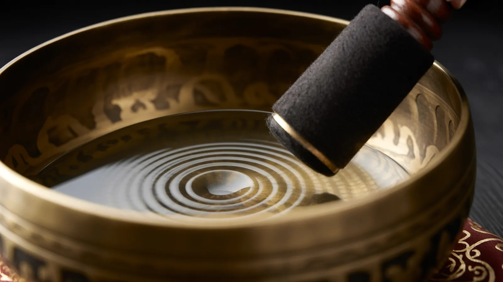 Macro view of a bronze singing bowl rim with concentric resonance ripples visible on the water surface.