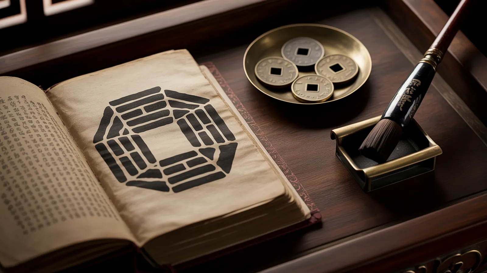 An open Yi Jing showing the eight trigrams, with antique Chinese coins and a calligraphic brush on a dark teak table.