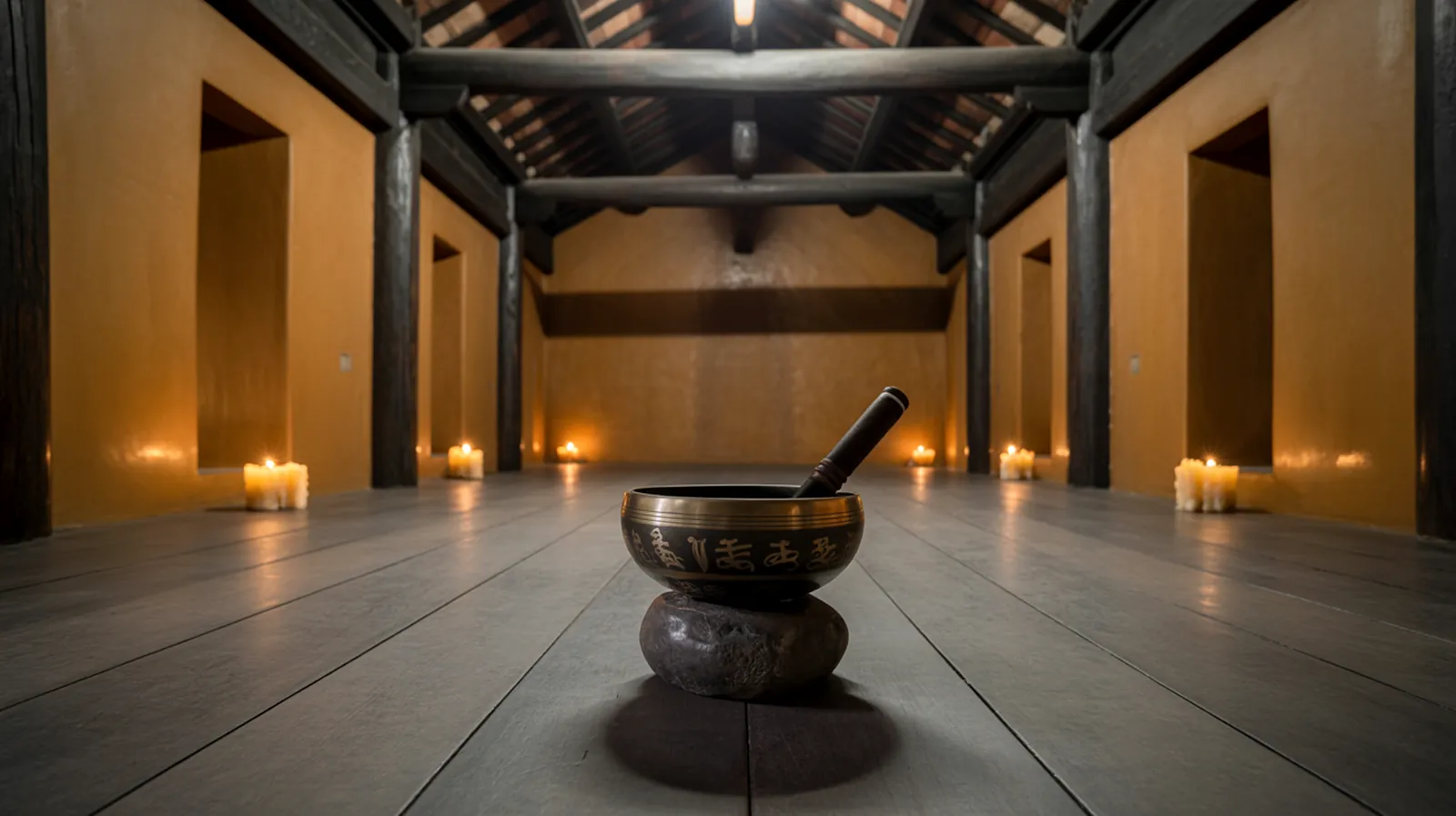The Lower Chamber: an immersive sound room with deep ochre clay walls, dark teak posts, candle-lit niches and a single bowl on a stone plinth.