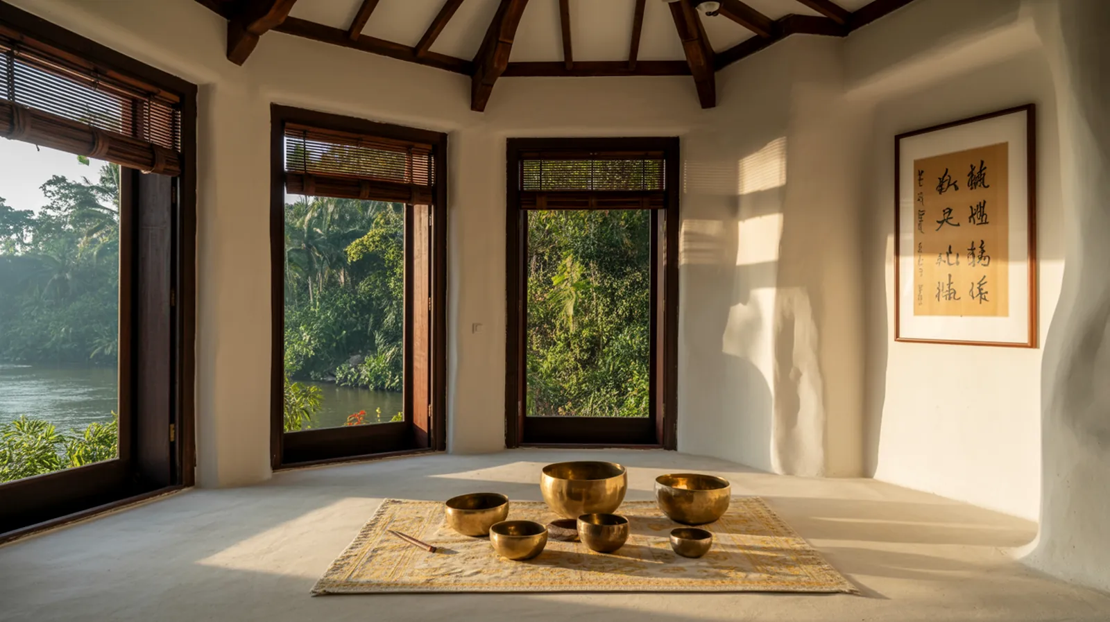 The Upper Chamber: an airy elevated room with full-height windows overlooking river and jungle, white lime-plaster walls, bronze and quartz crystal bowls on a rug, calligraphy on the wall.