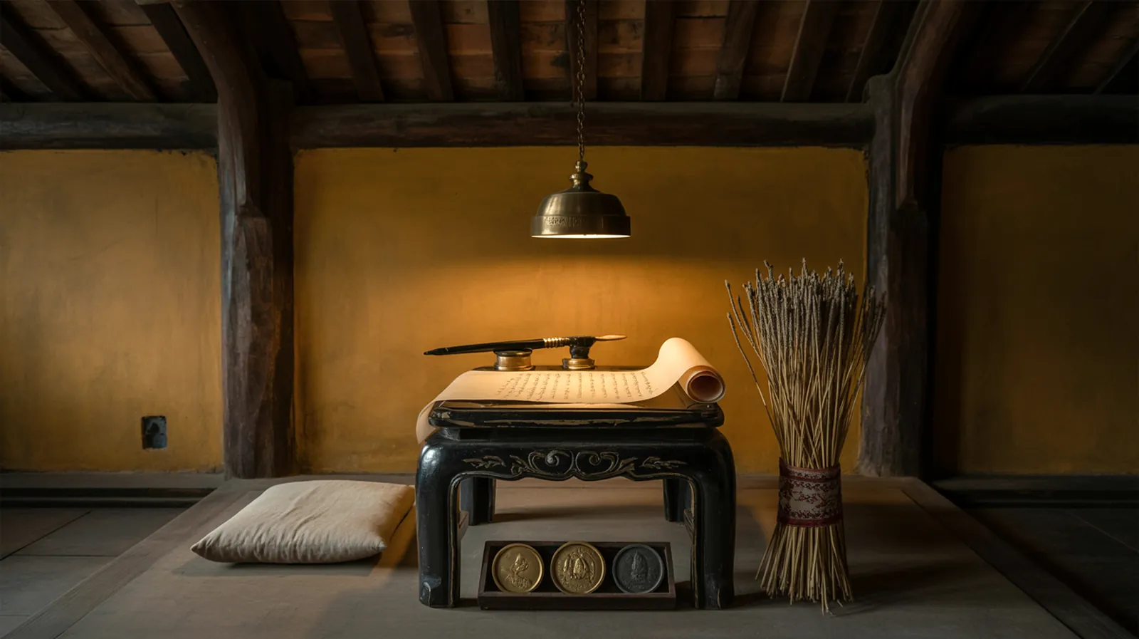 A black-lacquered Vietnamese table beneath a brass pendant lamp, with a rice-paper scroll, calligraphy brush, yarrow stalks, and Chinese coins.